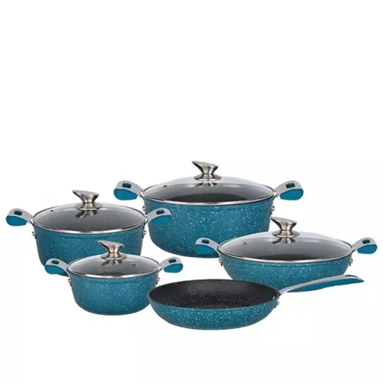 5 utensili da cucina antiaderenti rivestimento in marmo pietra nera all'interno marmo pietra blu esterno pentole e padelle set di pentole in alluminio forgiato con fondo a induzione